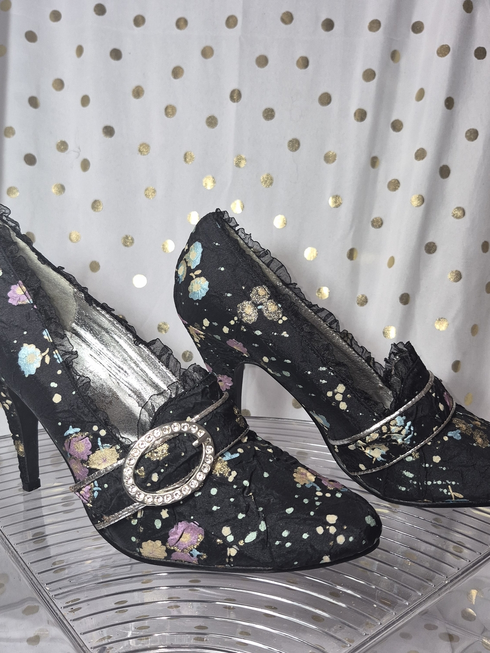Ellie Black Floral Rhinestone Buckle Pump - Picture 6 of 7